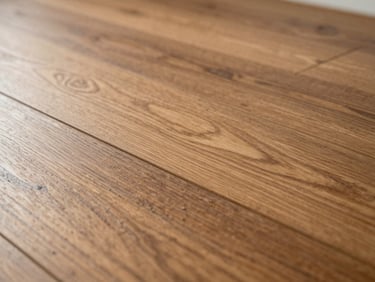 Close-up detail of engineered wood floor surface, fine tight grain in warm walnut tone, clean plank edges visible, soft diffused daylight from the left, no people