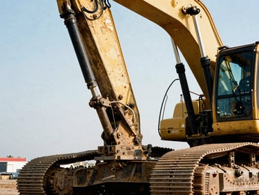 Low-angle heroic shot of a massive excavator hydraulic assembly, gritty industrial photography, high-contrast natural sunlight, warm metallic tones, 35mm film grain