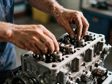 Tight macro shot of a mechanic's hands adjusting hydraulic valves on a heavy engine block, focused warehouse lighting, gritty textures