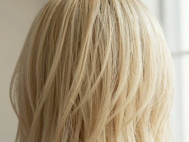 Close-up of styled hair with visible texture and shine, soft diffused light, 35mm.