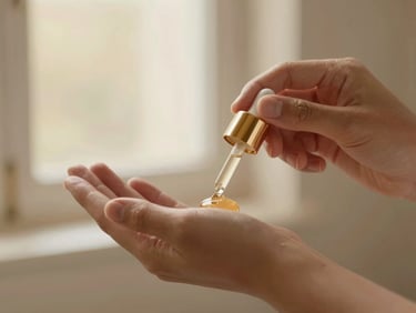 Hands applying a botanical serum to skin, shallow depth of field, warm light, 35mm.