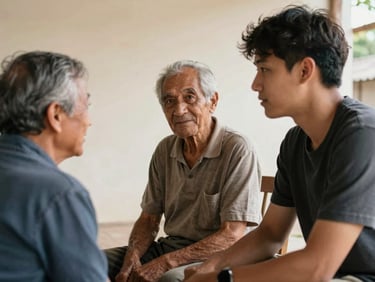 An older community member and a young adult sharing a quiet moment of conversation, eye-level, warm natural light, candid, documentary style.