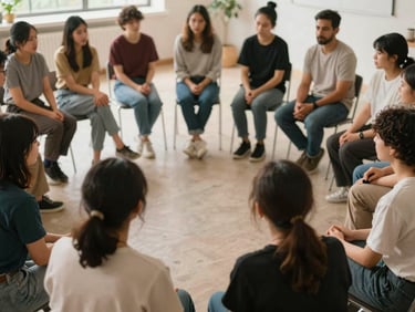 A small group of individuals engaged in a group therapy session, seated in a circle, soft natural light, candid, documentary style.