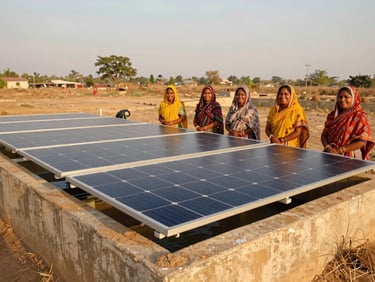 Wide-angle daylight photograph of a newly constructed solar-powered water filtration plant in Chhota Udaipur, local tribal women smiling in the background, warm sun, 35mm lens