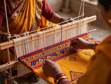 Close-up of tribal woman artisan in Chhota Udaipur weaving a traditional bright textile on a handloom, warm natural light, rich textures, 35mm lens