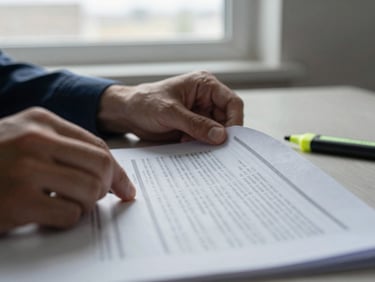 Tight detail shot — hands turning the page of a printed financial document on a desk, overcast window light, a highlighter resting to the side, shallow depth of field, documentary framing