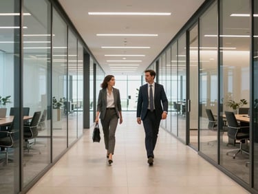 Wide environmental shot of a modern Dubai DIFC office corridor, two professionals walking past glass-walled meeting rooms, even artificial overhead light supplemented by daylight, no faces visible