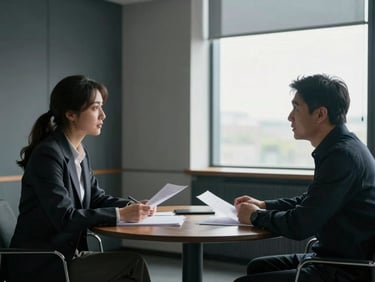 Two professionals seated across a small meeting table, one listening attentively while the other speaks, documents open between them, even north-facing light through a window, understated modern office, no visible screens — wide environmental frame showing the room context