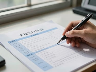 Close-up of a school enrollment form and a bilingual curriculum guide on a desk in a Hong Kong administrative office, even north-facing window light, a hand holding a pen just entering frame