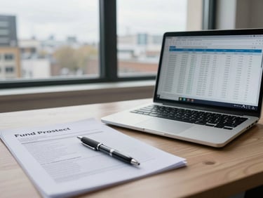 Tight shot of an open laptop displaying a financial spreadsheet beside a printed fund prospectus on a London office desk, grey overcast daylight from a north-facing window, pen resting across the document
