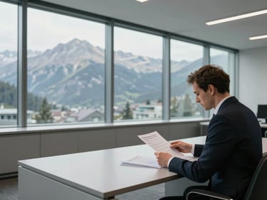 Environmental wide shot of a Geneva private banking floor, a relationship manager seated at a minimalist workstation reviewing printed statements, grey alpine light through tall windows, no faces in focus
