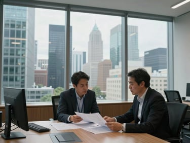 Environmental wide shot inside a contemporary advisory office in an international financial district, two professionals seated across a desk reviewing printed documents together, even overcast daylight through tall windows, no eye contact with camera—candid working moment, documentary framing