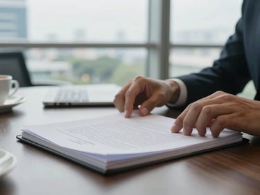 Close detail shot of hands turning pages of a legal document on a polished desk in a Singapore office, natural overcast light from a wide window, coffee cup partially visible at frame edge