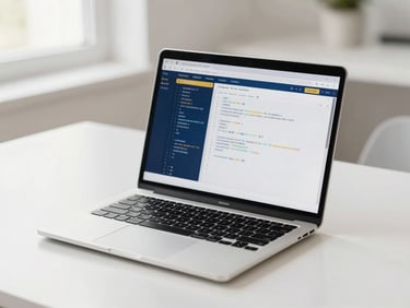 A sleek modern laptop displaying a clean code interface on a bright white desk, soft natural daylight, shallow depth of field