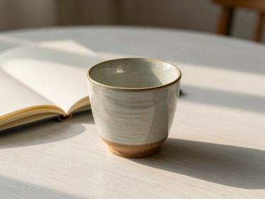 A close-up of a handmade ceramic cup next to an open notebook on a white oak table, bathed in soft afternoon golden hour light.