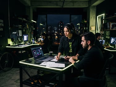 Cinematic editorial photography of a modern high-end creative workspace in Bogotá, deep obsidian background, sharp neon-lime accents, dramatic contrast, 35mm