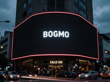 Cinematic 35mm photo of a massive digital advertising screen on Calle 100 in Bogotá at dusk, high-contrast neon lighting, urban traffic trails below