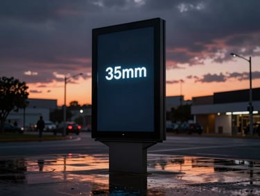 Cinematic 35mm photo of a sleek vertical digital billboard in a high-end commercial zone in Cali, sunset sky, clean reflection on wet pavement