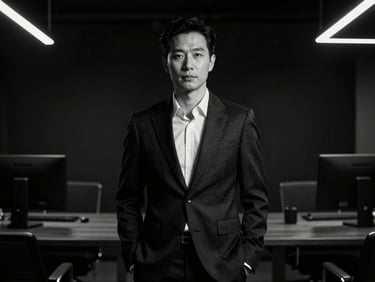 High-contrast black and white portrait of an elegant media executive in a dark minimal office, dramatic lighting, 35mm