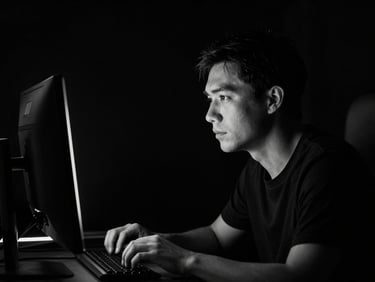 High-contrast black and white portrait of a technical artist looking at a sleek glowing monitor, dramatic lighting, 35mm