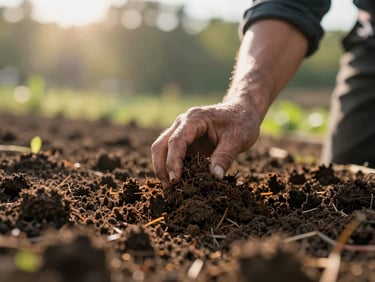 Close-up macro photography of rich dark soil being enriched with organic vermicompost by a farmer, warm early morning sunlight, shallow depth of field, 35mm