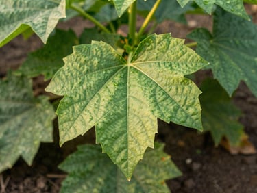 Agronomist examining a healthy green leaf in an organic agroforestry farm, soft early morning canopy light, detailed close-up, 35mm