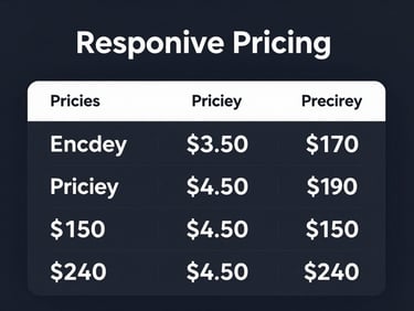 High-fidelity UI crop of a responsive pricing table with crisp white monospace text and high-contrast borders on an obsidian canvas.