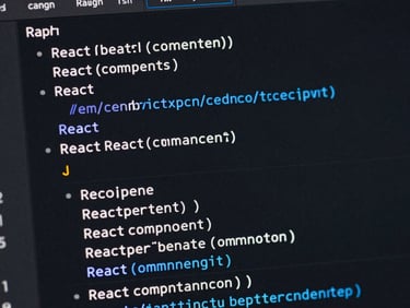 Macro crop of a clean dark-mode code editor showing highly optimized React components, sharp white text, electric blue accents, dark background.