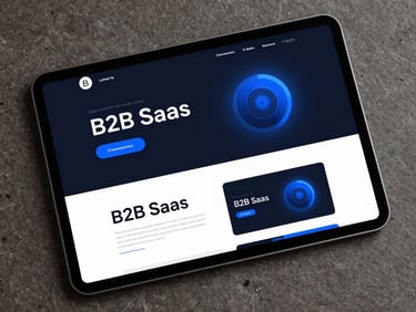 Clean flat-lay device mockup showing a dark-mode B2B SaaS landing page with sharp sans-serif typography and electric blue interface highlights.