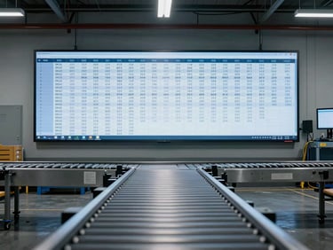 Wide-angle straight-on shot of a warehouse fulfillment floor at shift-change moment, order queue visible on a wall-mounted monitor displaying rows of SKUs and status columns, cool blue-white overhead industrial lighting, no people in foreground, slight overexposure for readability, empty conveyor belt in midground