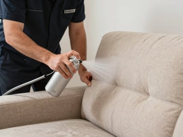 Professional technician in a clean dark uniform carefully applying a protective spray to a premium beige sofa using high-end equipment, bright daylight.