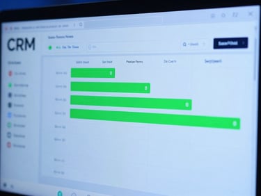Close-up of a sleek CRM dashboard displaying sales pipeline data, cool blue studio lighting with neon green accents, high-contrast editorial style, 35mm lens