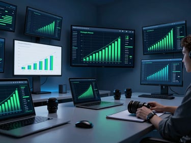 Strategic planning session with digital devices and data visualizations on screens, focused on growth metrics, sleek tech photography, cool blue studio lighting, high-contrast editorial style, 35mm lens