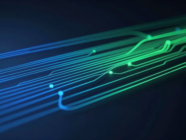 Abstract representation of data flow and connections, with glowing blue and green lines on a dark background, sleek tech photography, cool blue studio lighting, high-contrast editorial style, 35mm lens