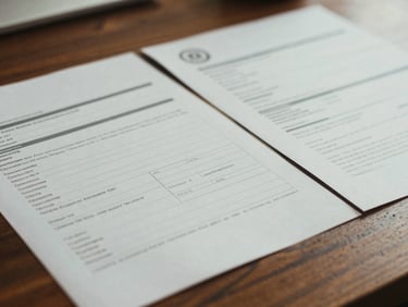Close-up of structured trade documents and customs seals resting on a dark wooden table, soft low-contrast daylight, editorial style