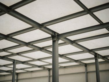 Architectural interior of a clean, structured warehouse with geometric steel beams and soft diffused light