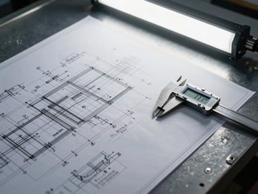 Extreme close-up overhead shot of a large-format engineering schematic drawing on a steel drafting table, precise pencil annotations and dimension lines visible, a digital caliper resting on the blueprint edge, cool studio strobe lighting from above, no people