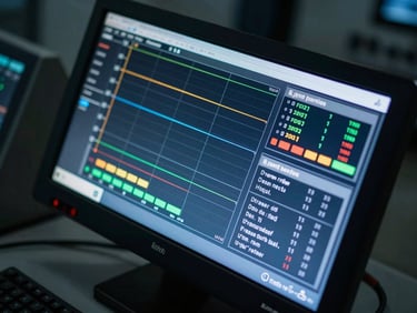 Overhead close-up framing of a digital dashboard screen displaying measurement data charts, periodic inspection status indicators, and equipment certification timelines, illuminated by cool blue monitor glow in a dimly lit industrial control room, precise technical interface visible