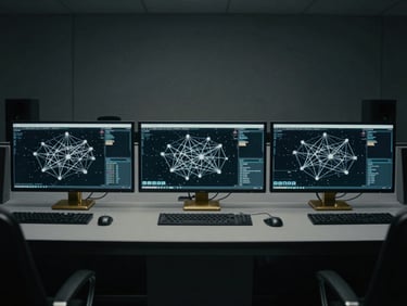 Wide shot of a secure, minimalist control room monitor displaying a complex network diagram, subtle brass accents on equipment, high contrast, cool tones.