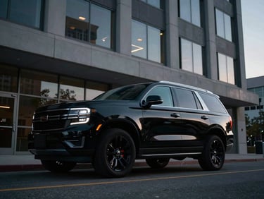 Low-angle shot of a sleek, black, late-model armored SUV parked discreetly outside a modern Denver office building at dusk, cool tones, high contrast, cinematic.