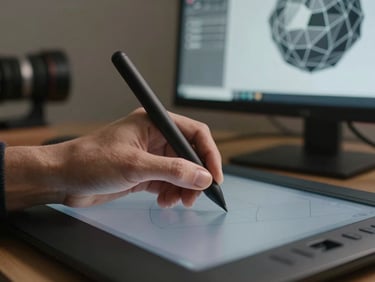 Close-up of hands operating a 3D modeling stylus over a graphics tablet, polygonal mesh visible on monitor in background, screen glow, studio daylight