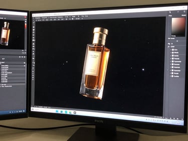 Full-bleed wide shot of a 3D CGI advertising composite in progress — a luxury product bottle floating against a deep-space environment, render passes visible in layer panels on adjacent monitor, screen glow lighting, overhead angle