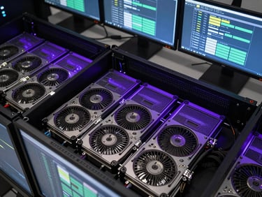 Overhead of a render farm workstation showing multiple GPU render nodes, progress bars across monitors, cool blue-purple ambient lighting from screens