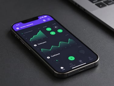 Tight crop of a rendered mobile app screen showing a dark-mode dashboard interface with purple navigation bar, live data charts, and green status indicators, displayed on a desk surface under studio lighting