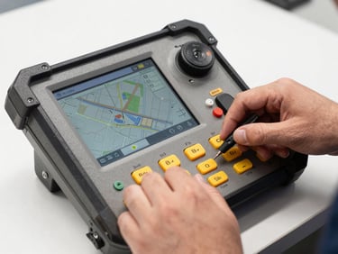 Close-up of a ruggedized field controller showing mapping software, technician's hands, bright natural outdoor daylight, high-contrast technical details, 50mm lens