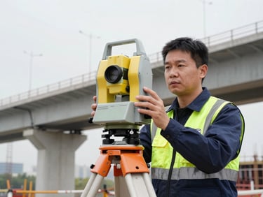 Technician operating a total station on a construction site, with a half-built bridge in the background, overcast sky. Eye-level medium shot, sharp industrial photography.