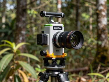 ComNav GNSS RTK receiver mounted on a surveying pole in a rugged Indonesian forest, bright natural daylight, high-contrast technical details, 50mm lens