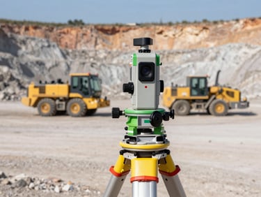 GNSS receiver mounted on a surveying pole in an open-pit mine, with heavy machinery in the background, under bright daylight. Eye-level medium shot, sharp industrial photography.