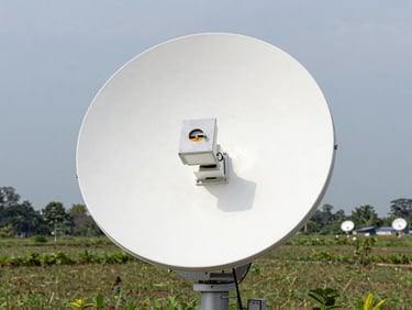 ComNav CORS station antenna setup with a clear view of the sky in an Indonesian agricultural field, overcast sky, sharp industrial photography, 50mm lens