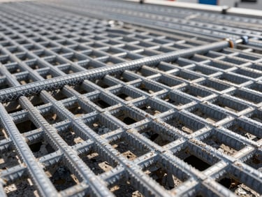 Macro shot of GFRP rebar grid installed in a saltwater marine dock, crisp focus on ribbed textures, bright daylight
